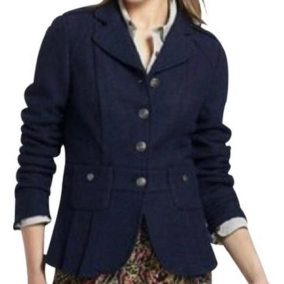 Anthropologie Elevenses Military Jacket Wool Button Down Pockets Navy Blue 10 - Picture 1 of 6
